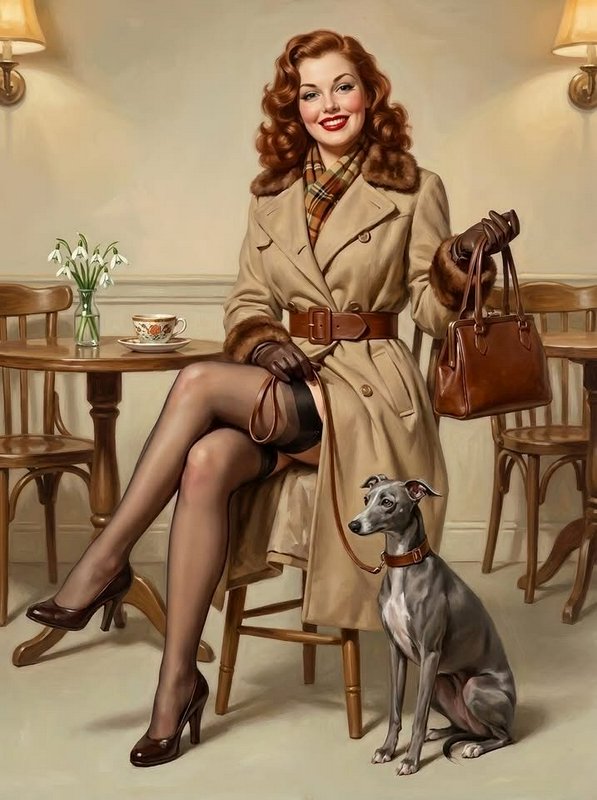 Smiling retro pinup woman in a fur-trimmed trench coat sits at a cafe beside her seated grey whippet
