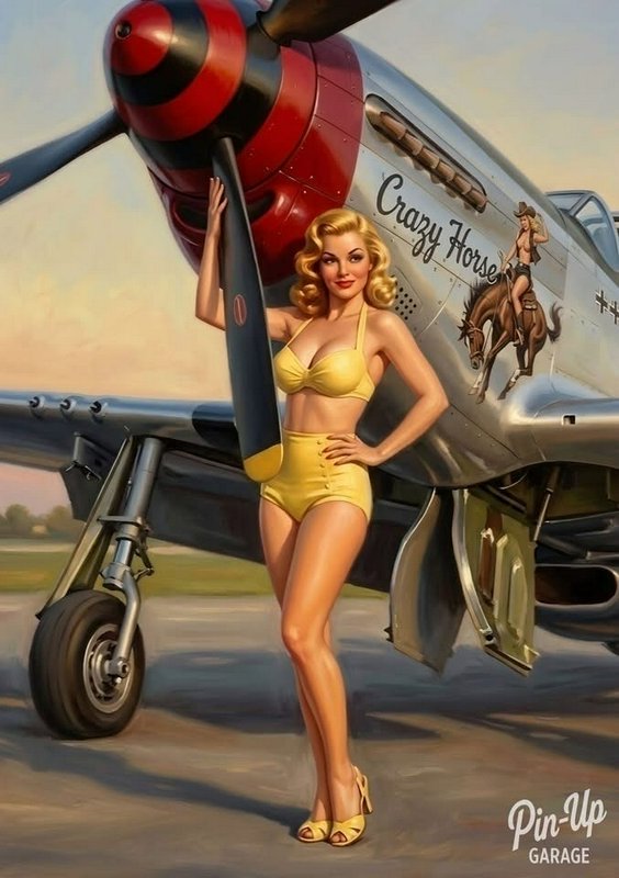 Retro blonde pin-up in yellow swimsuit posing beside a vintage P-51 Mustang WWII fighter plane