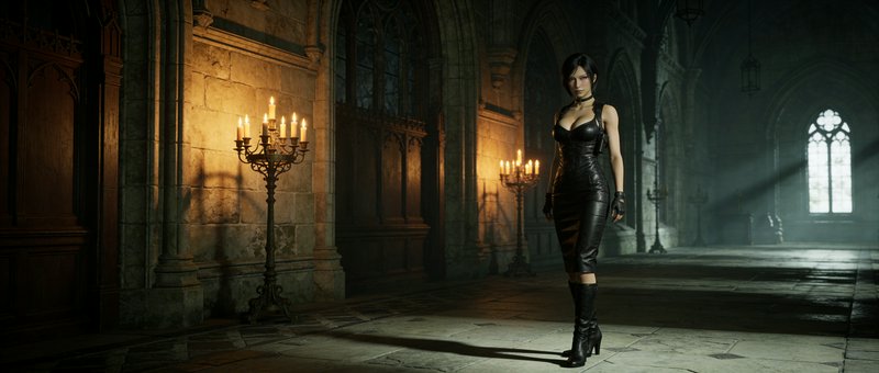 A woman in a black leather dress and knee-high boots stands in a dim gothic cathedral hallway lit...