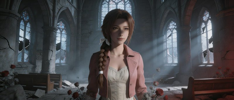 CGI illustration of a young woman with a braid in a pink jacket in a ruined gothic church.
