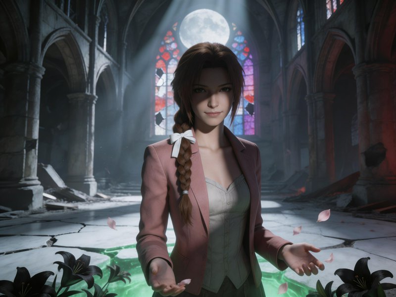 Young woman with a braided ponytail in a pink blazer stands in a moonlit gothic cathedral ruin.