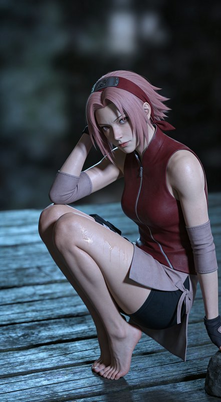 Cosplayer as Sakura Haruno from Naruto, pink hair, red sleeveless jacket, headband, kneeling on a...
