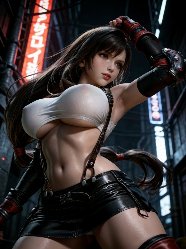 Cosplay model in a metallic-white crop top and black leather shorts with harness, posing in a neo...