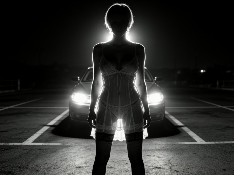 Backlit silhouetted woman in lace lingerie stands before glowing car headlights in an empty night...