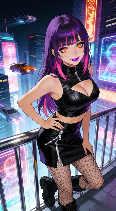 Anime cyberpunk girl with purple-pink hair leans on a rooftop railing overlooking a neon futurist...