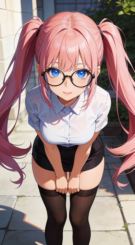 Anime girl with pink twin tails, round glasses, bright blue eyes leaning toward the viewer on a s...