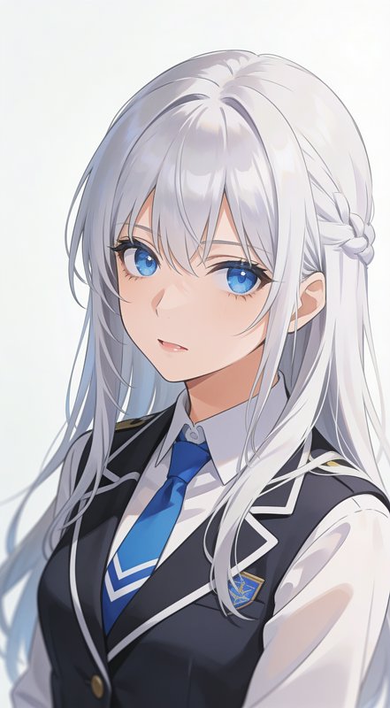 [Closeup portrait of an anime girl with long silver hair, bright blue eyes, and a formal academy school uniform]