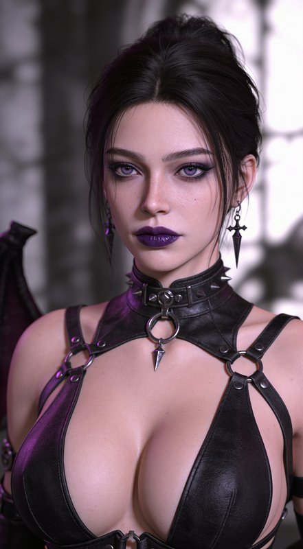 Hyperrealistic 3D render of gothic fantasy woman with violet eyes, spiked leather choker, black h...