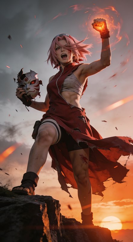 Battle-worn Sakura Haruno stands on a cliff at sunset, holding a broken mask, glowing chakra fist...