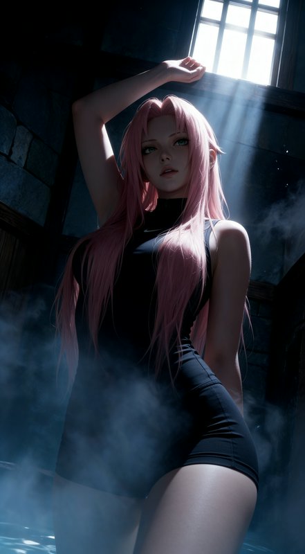 Low angle shot of realistic pink-haired Sakura Haruno standing in a misty stone room, sunbeams st...