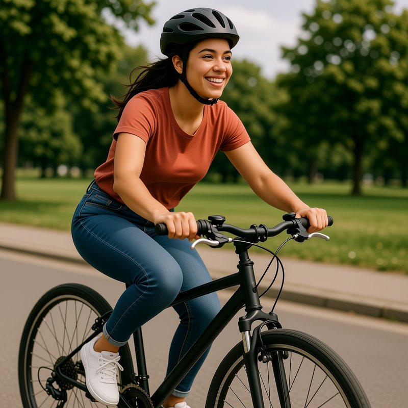 Smiling woman wearing a protective helmet rides a bicycle through a sunny green park