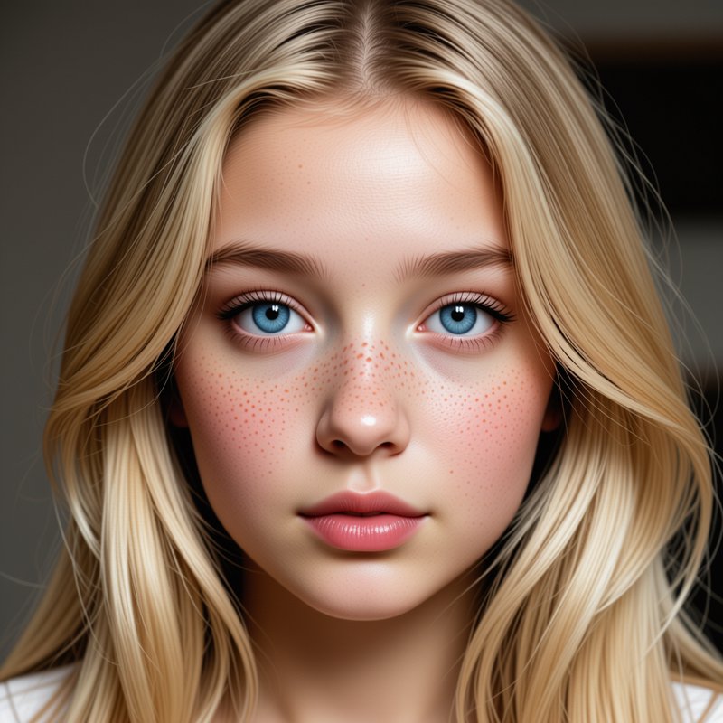Close up portrait of a young blonde girl with bright blue eyes and freckles looking straight at t...