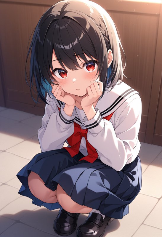 Bashful blushing anime schoolgirl crouches resting her chin on her hands, looking up at the viewer