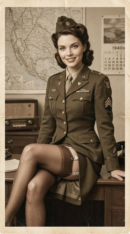 Smiling 1940s US Army servicewoman sitting on a desk in a vintage wartime office