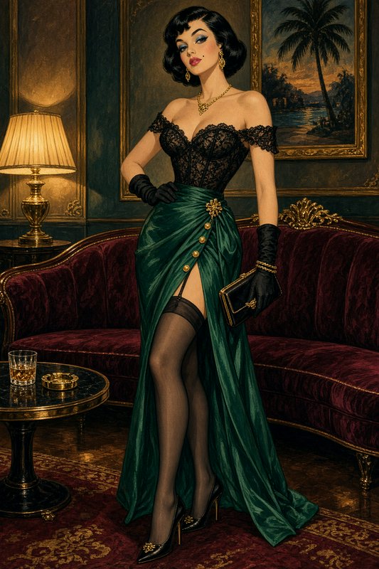 Retro old hollywood glamour woman in lace and emerald gown posing in an ornate vintage lounge