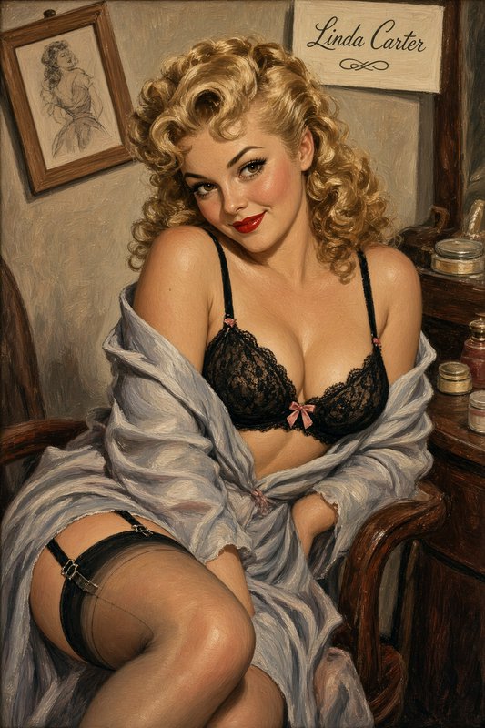 Retro 1950s pinup portrait of a curly blonde woman in lace lingerie seated at a bedroom vanity