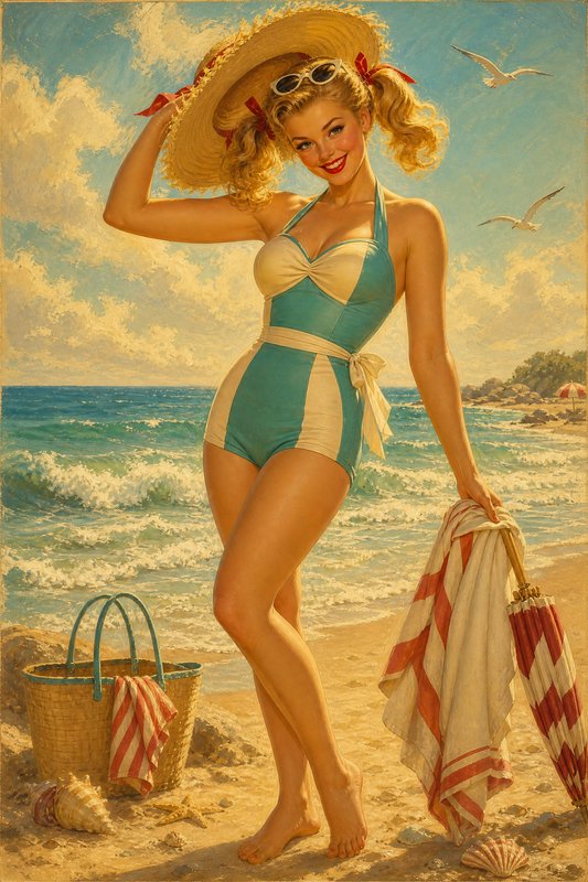 Smiling retro pinup woman in a vintage swimsuit holds her straw sunhat while standing on a sunny sandy beach