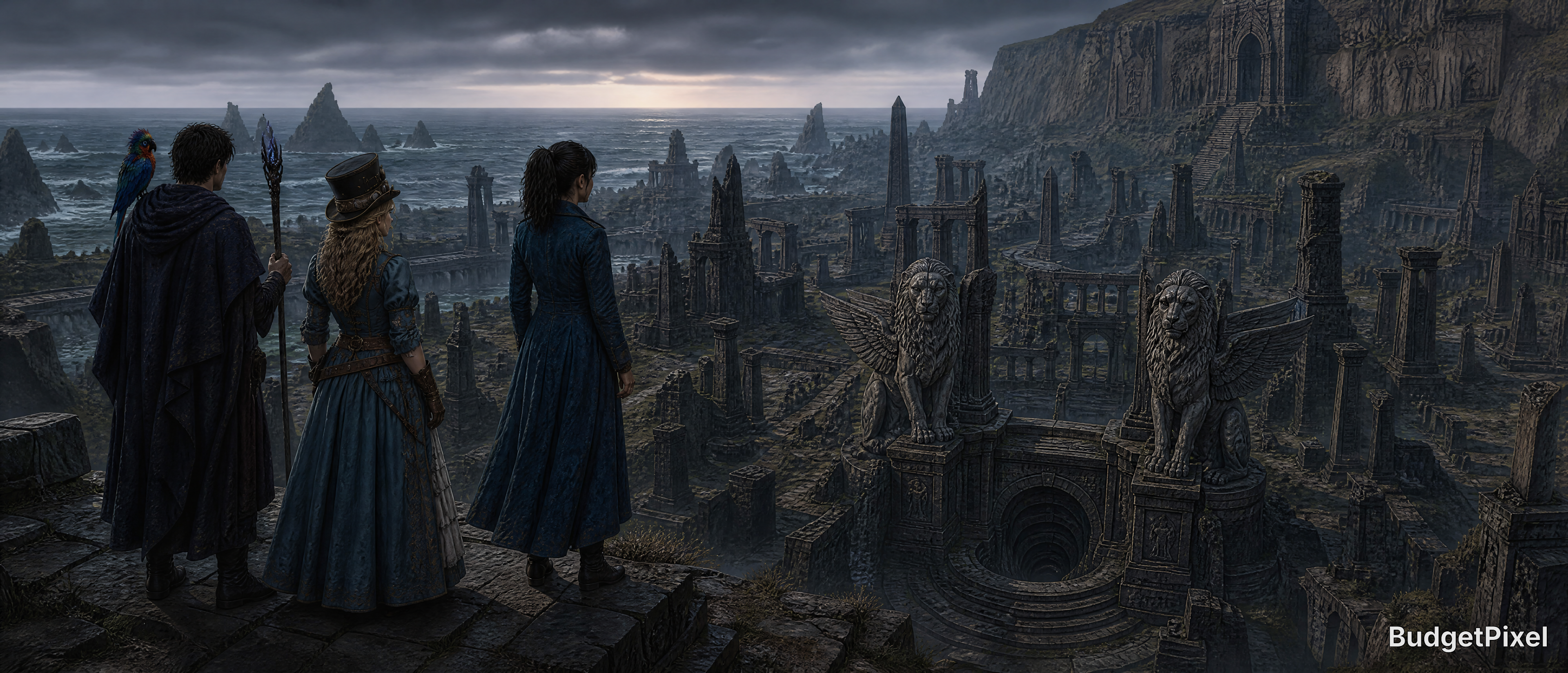 Group of adventurers overlooking a vast ruined fortress by a stormy sea at dusk.