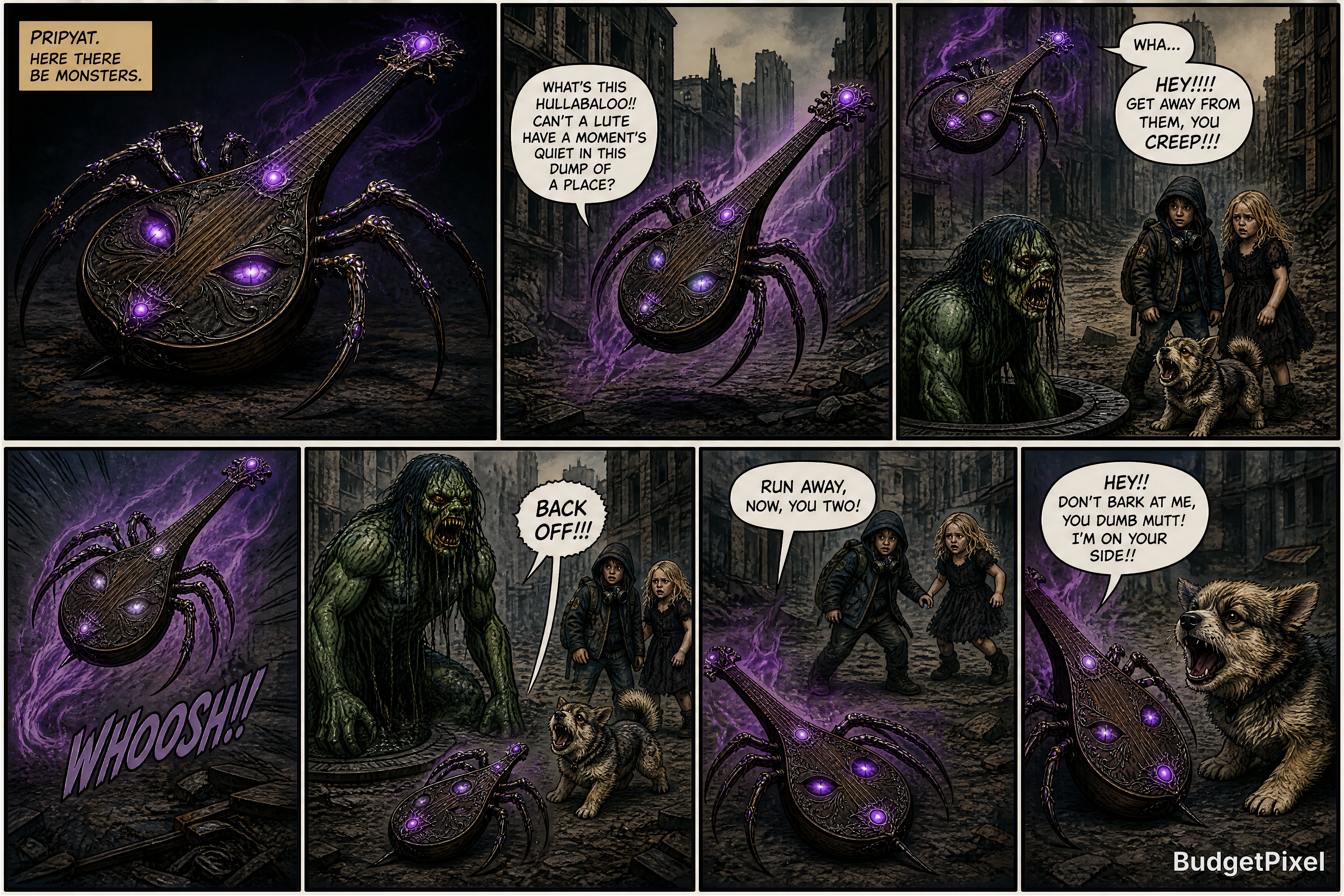 Dark, tentacled monster with glowing purple orbs attacks a ruined city as two kids and a dog flee.