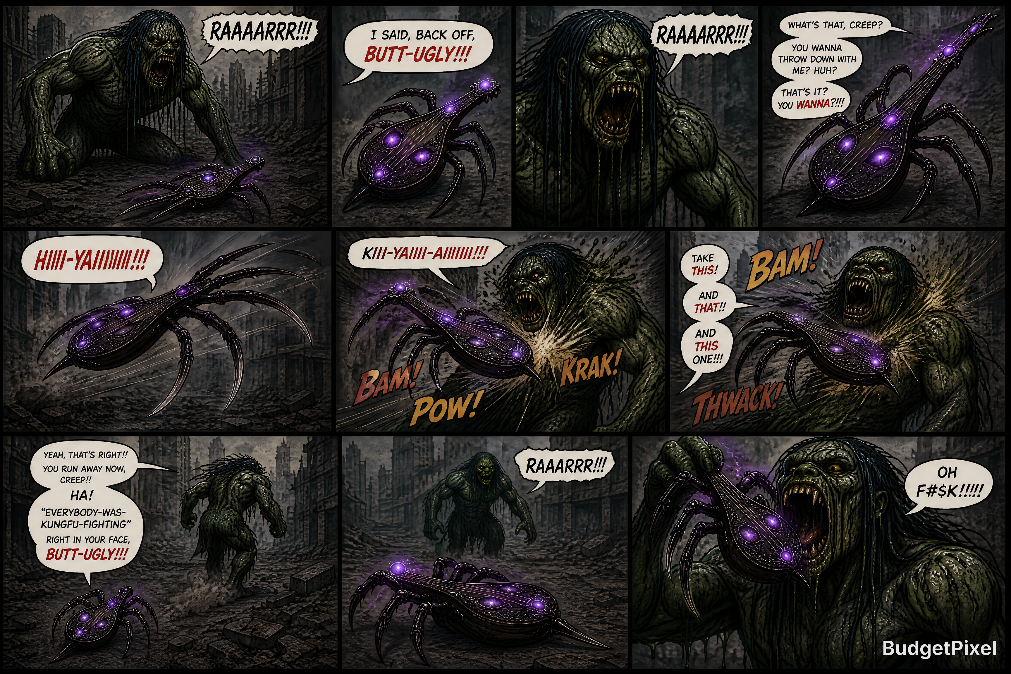 A monstrous, hairy creature confronts a glowing purple multi-eyed spider-like alien in a dark, ruined city.