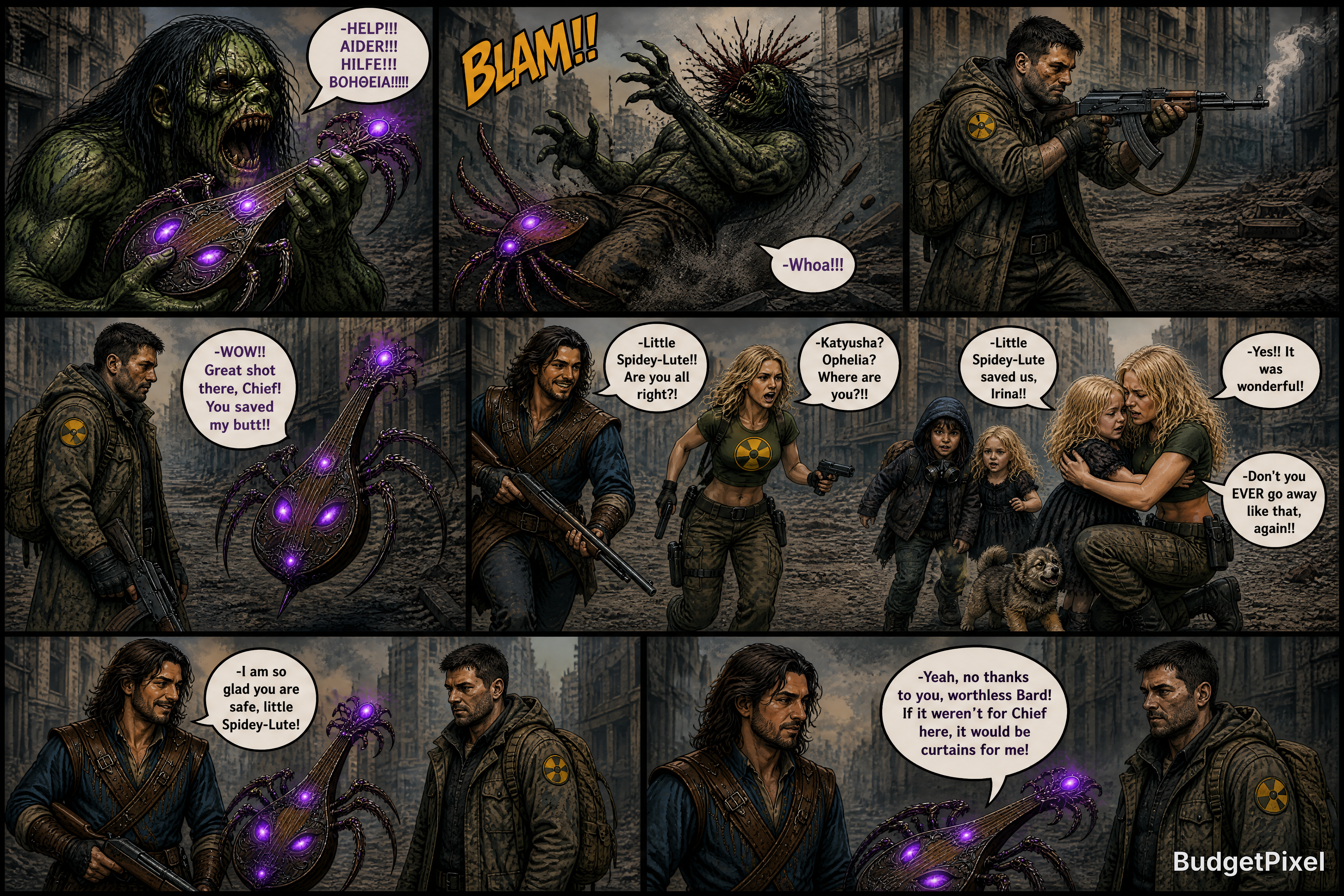 A dark comic strip showing a zombie-like alien with glowing purple tentacles attacking survivors in a ruined city.