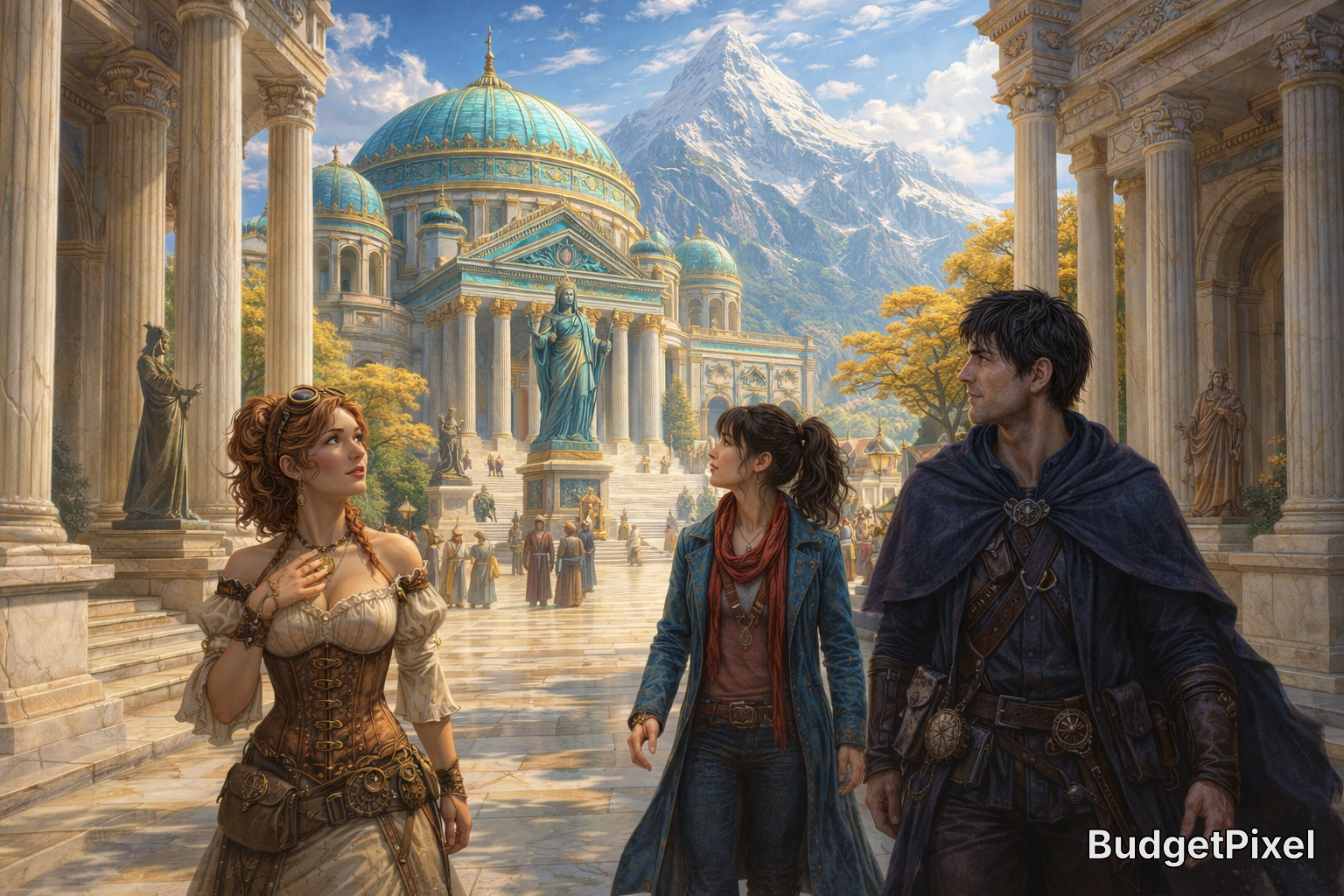 Group of adventurers walking through a grand ancient city with domed buildings and statues, mountains in the background.
