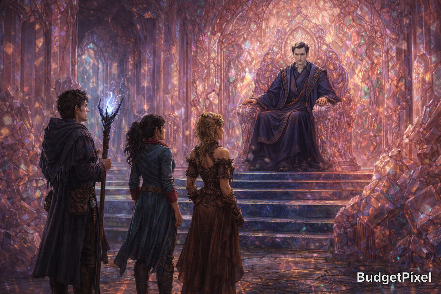Four adventurers face a regal figure seated on a crystal throne in a glowing cavern.