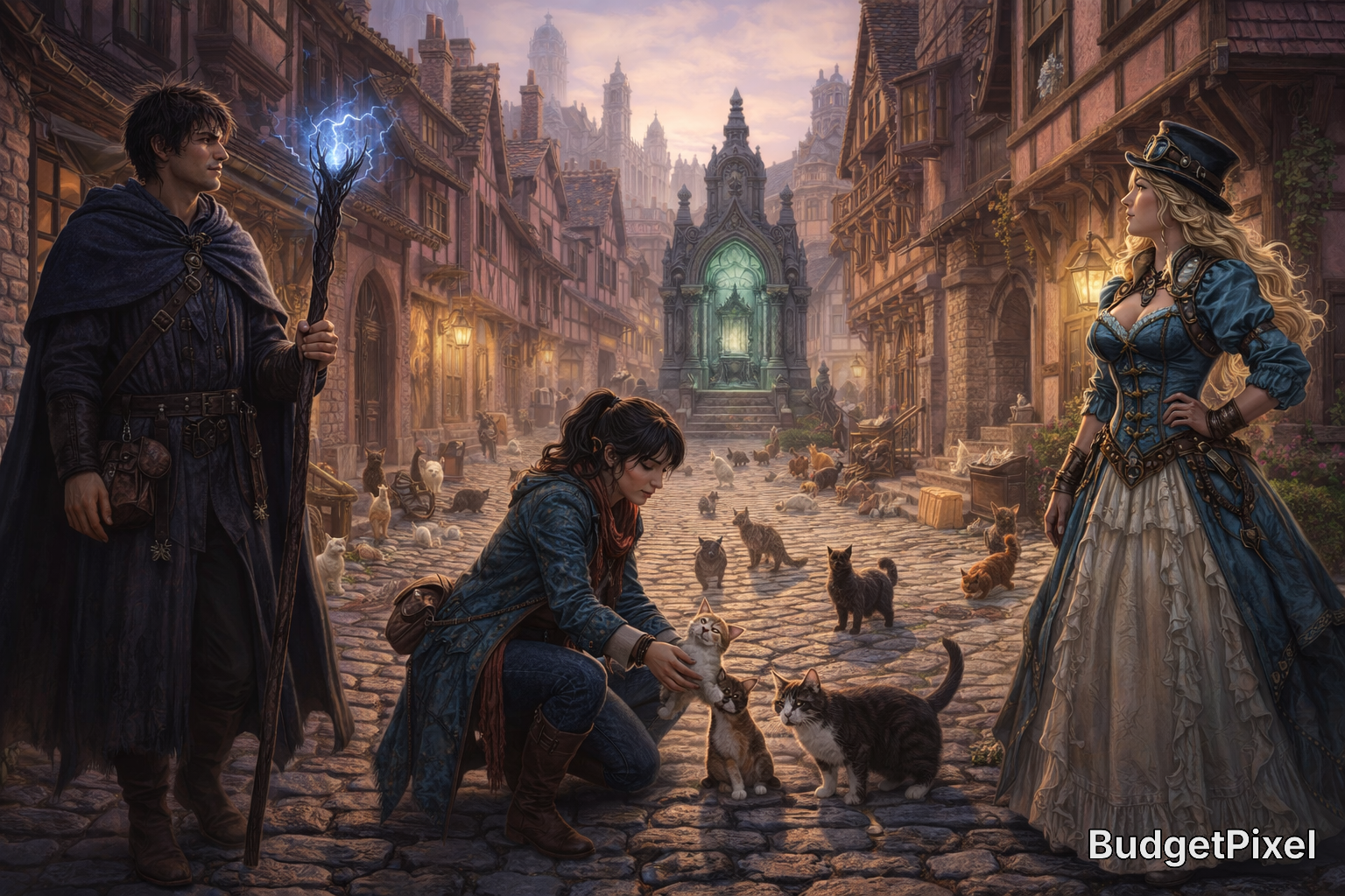 Fantasy street scene with three travelers and numerous cats in a medieval cobblestone town.