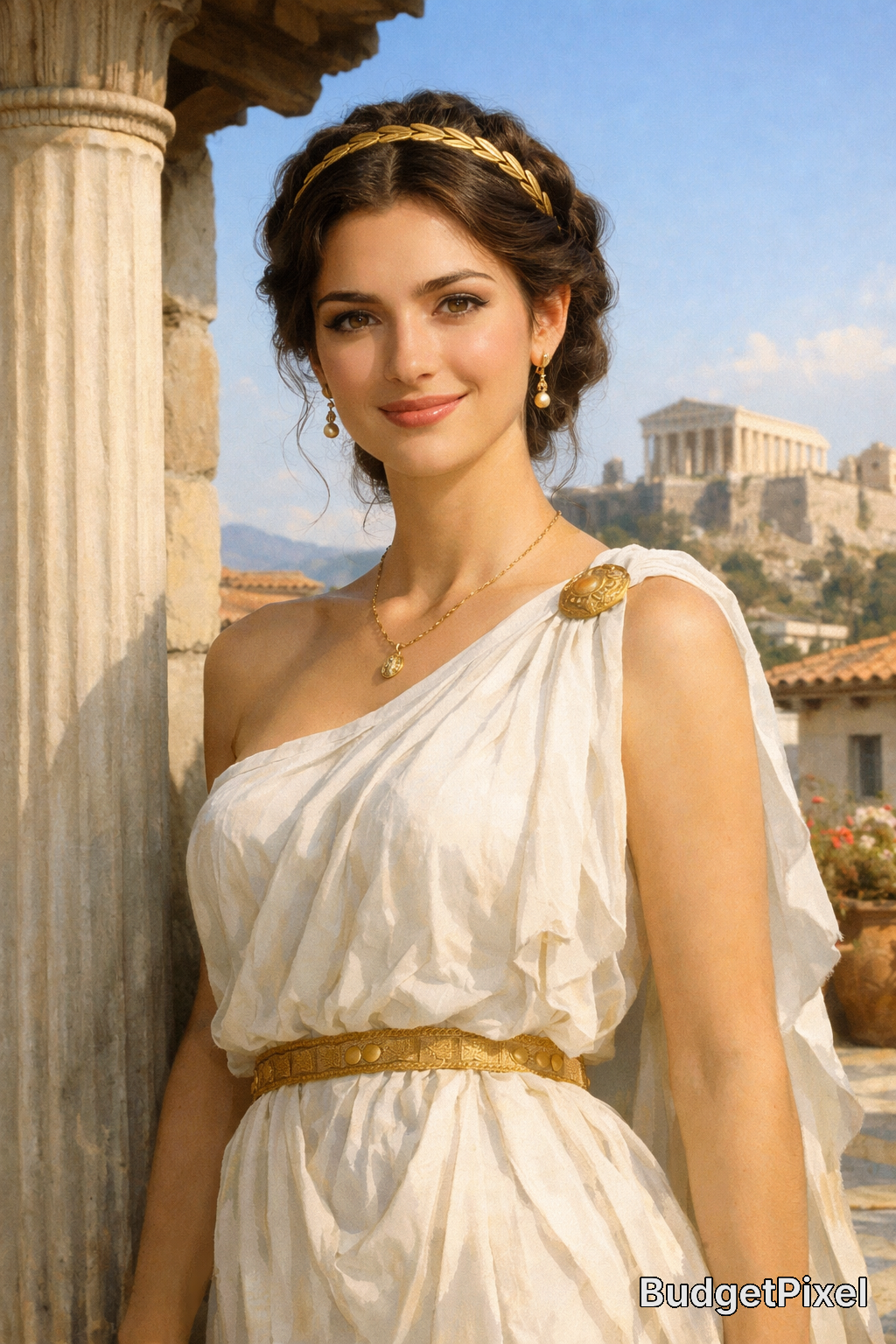Woman in a white Grecian-draped dress with gold belt and headband beside a column, ancient temple ruins in the background.