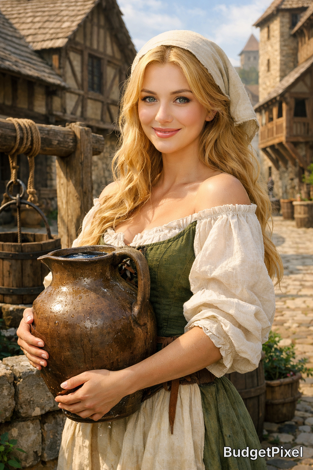 Woman in medieval attire holding a large ceramic jug in a rustic, timber-framed village setting.
