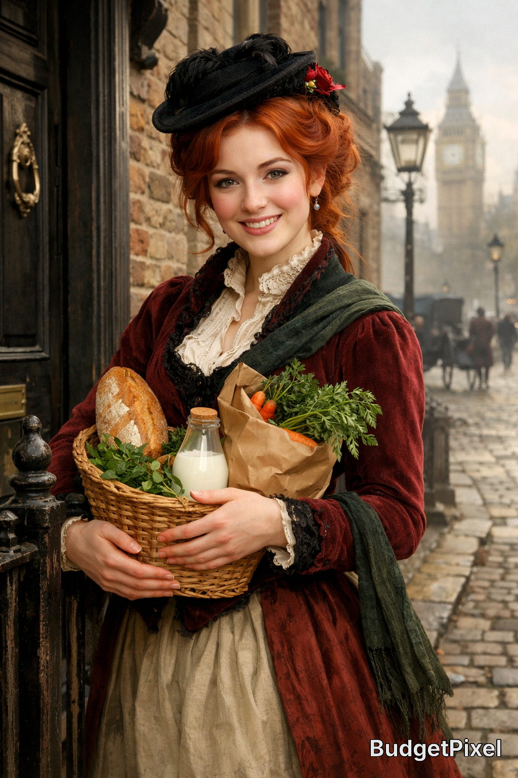 Victorian-era woman in a burgundy dress holding a groceries basket on a cobblestone street with bread, milk, and vegetables.