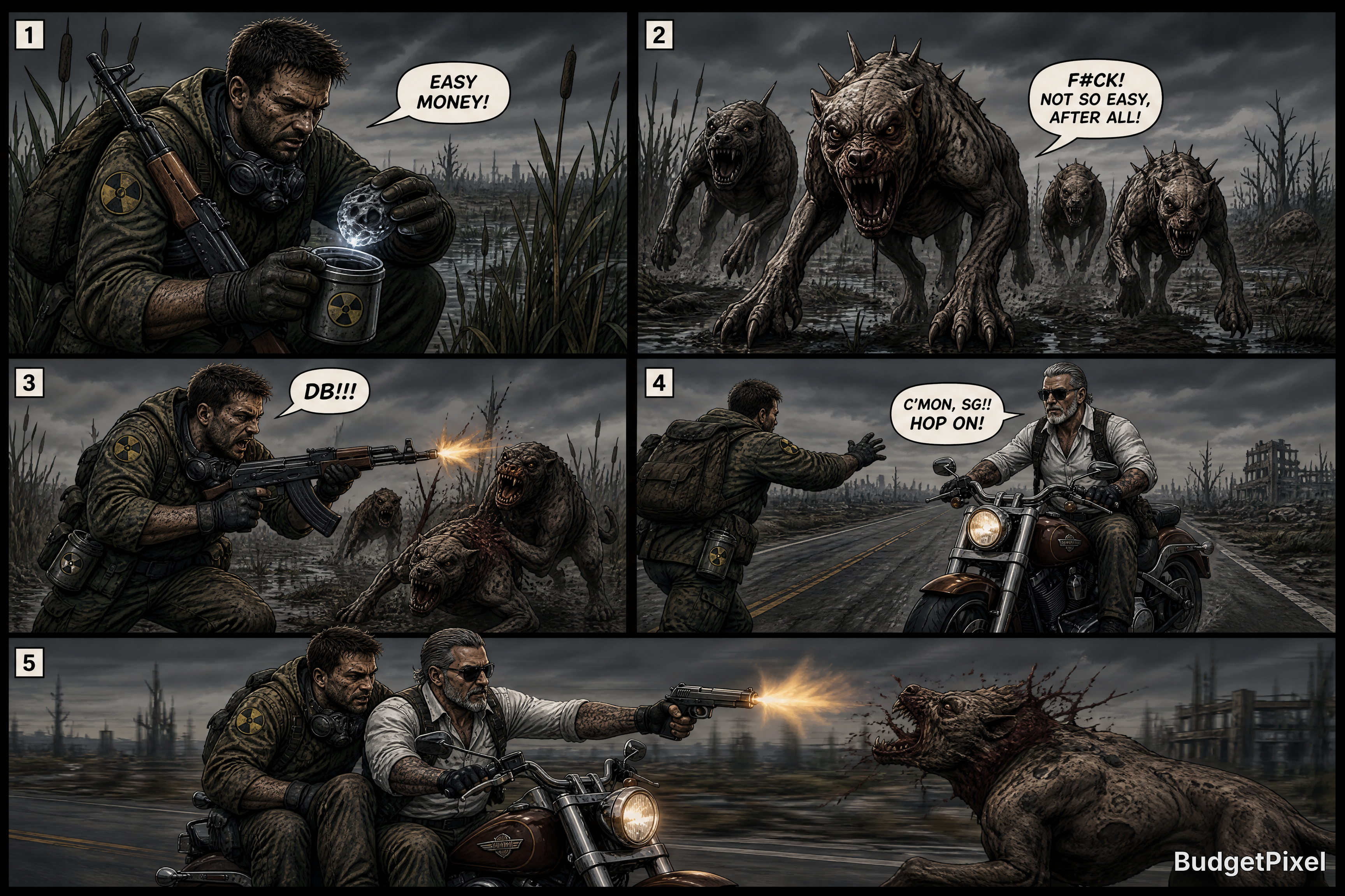 War-torn post-apocalyptic scene featuring a soldier vs. monstrous creatures in a multi-panel comic strip.