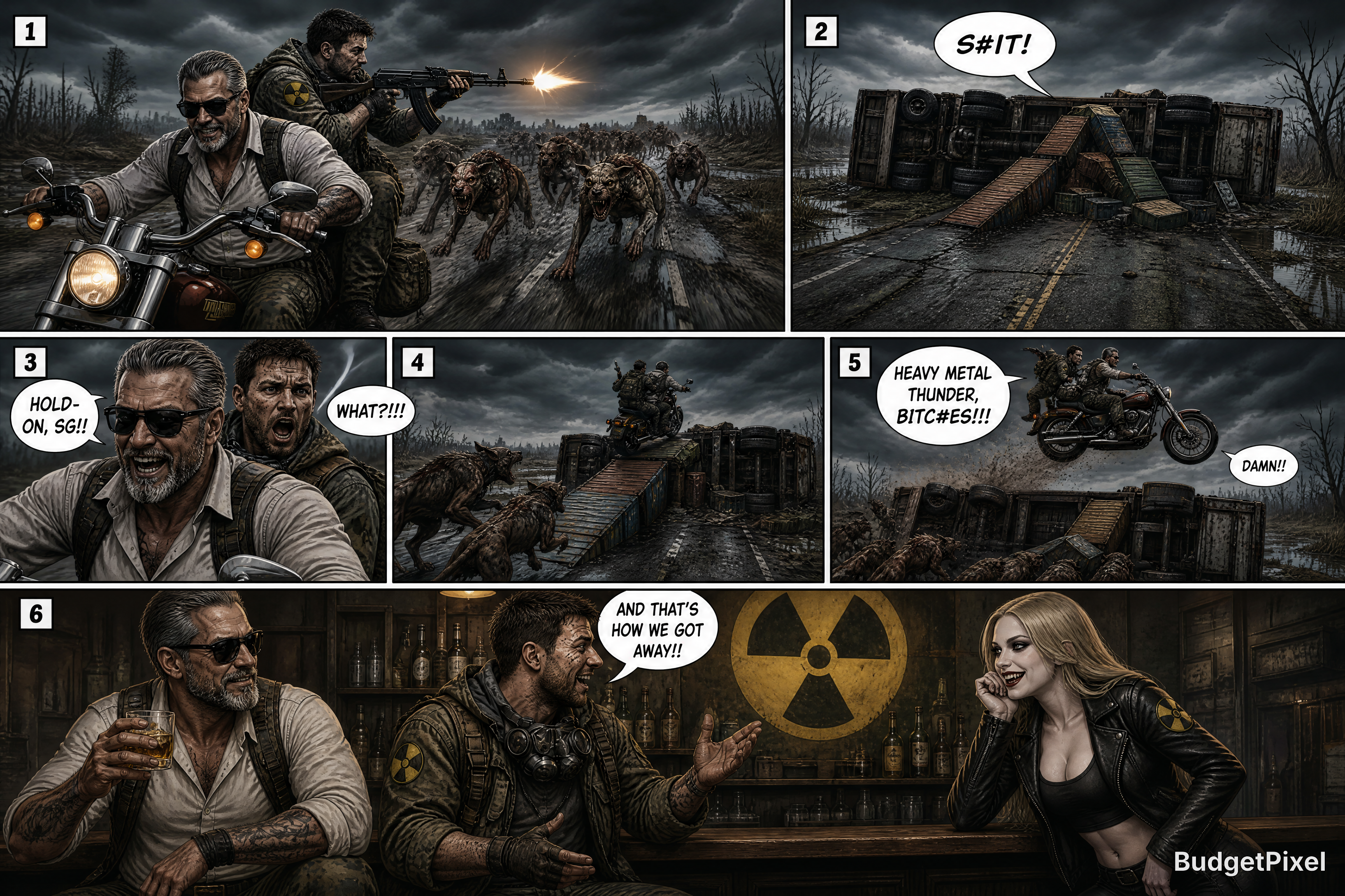 Comic strip of rugged bikers fighting zombies, entering a bunker, then relaxing at a bar in a post-apocalyptic wasteland.