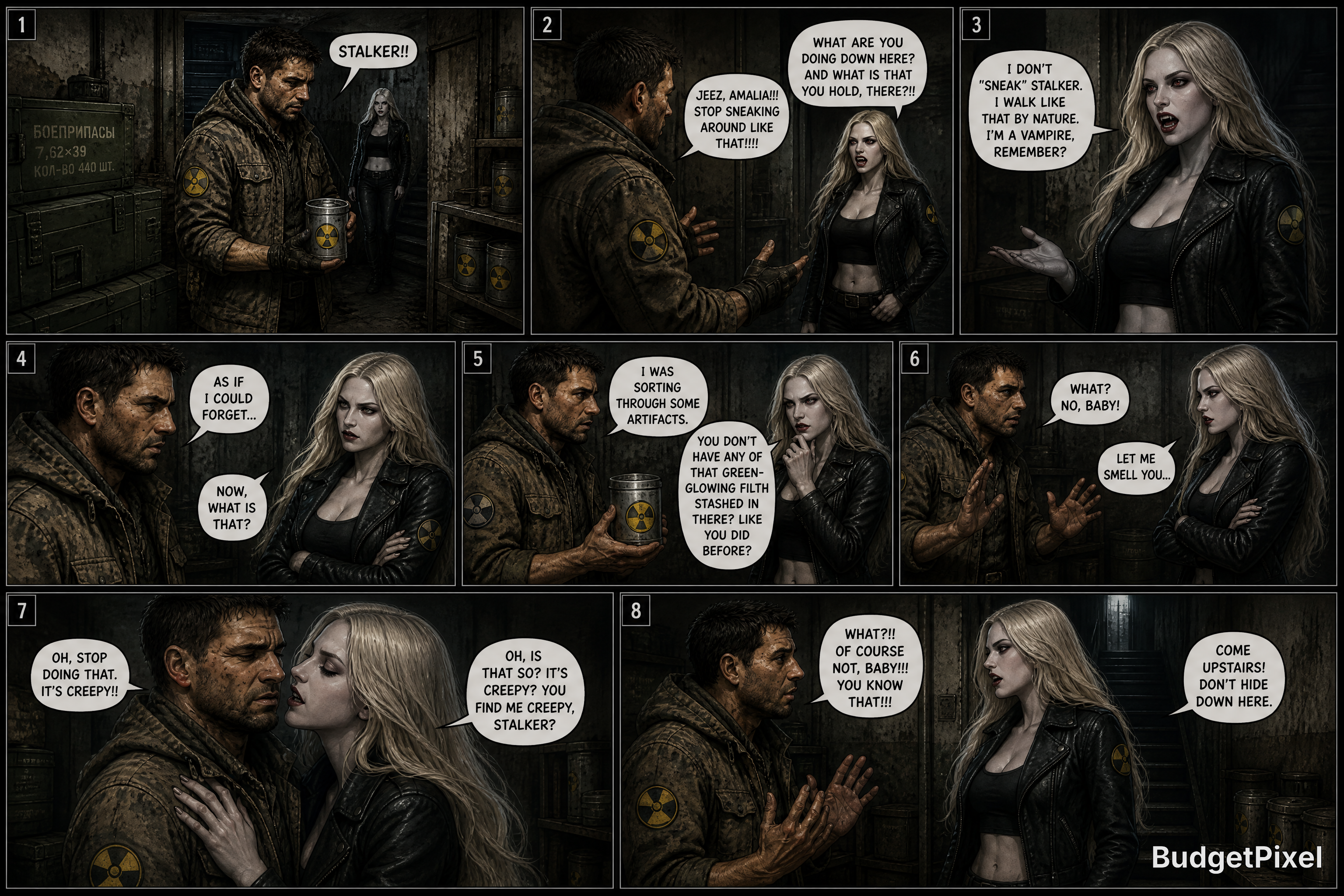 Dark comic strip panels showing a rugged man and a blonde woman in a dim warehouse, tense interaction across eight frames.