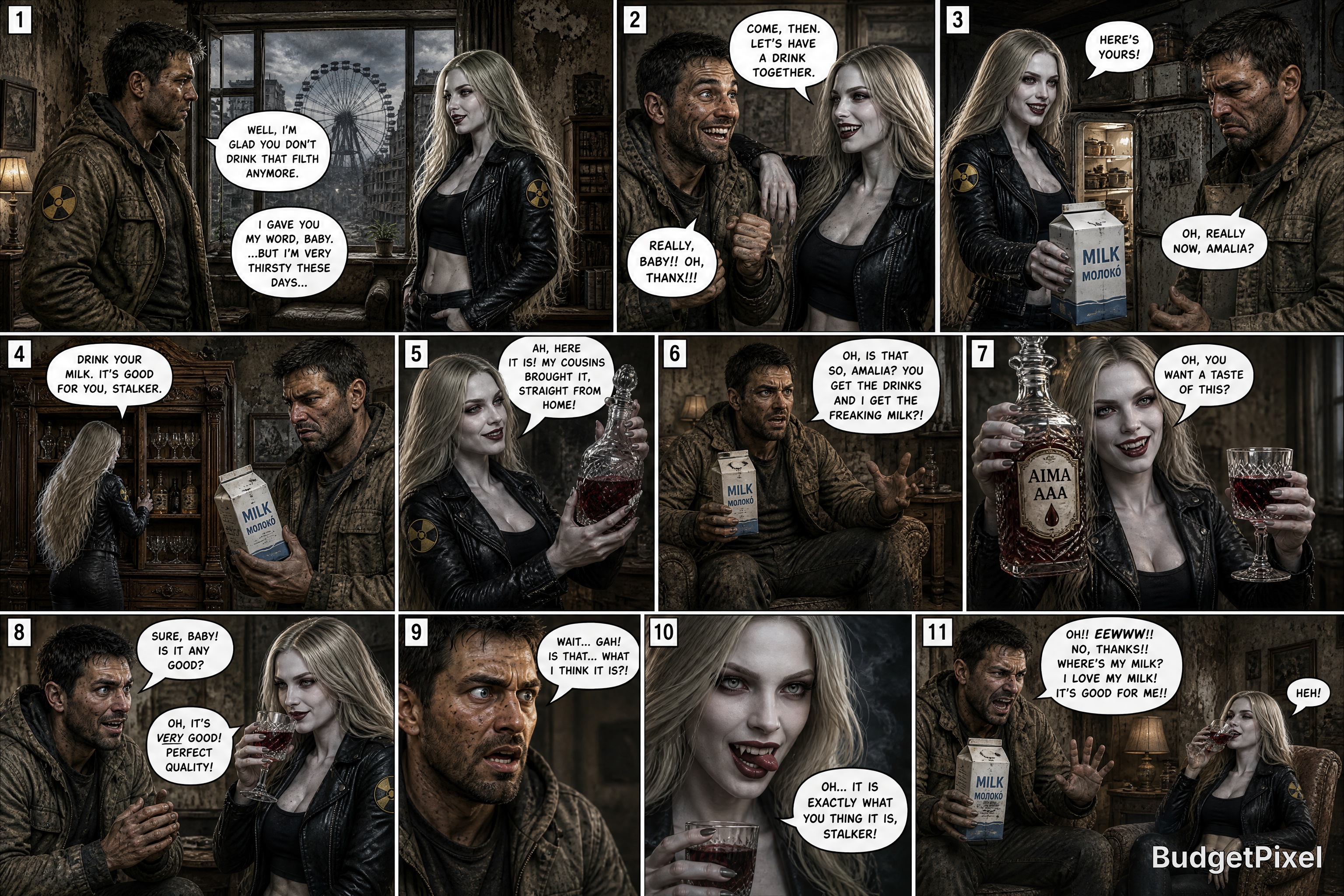 Comic strip panel showing a rugged man and a blonde woman in a dim bar exchanging drinks.