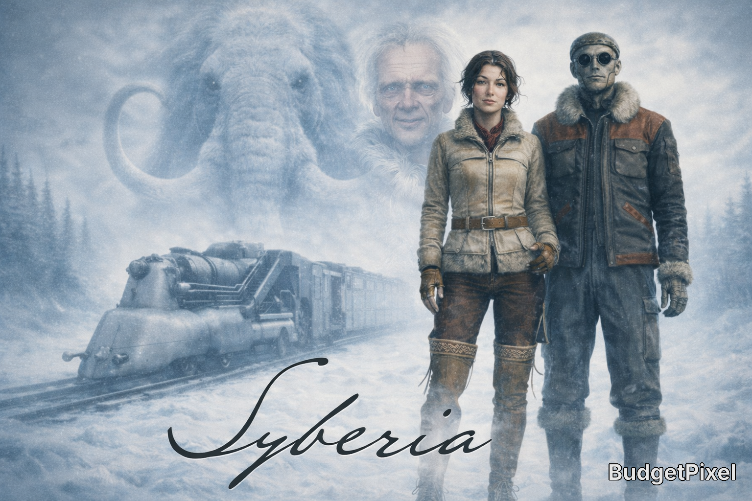 Two explorers in a snowy landscape with a steam train and a ghostly elephant silhouette in the background from Syberia.