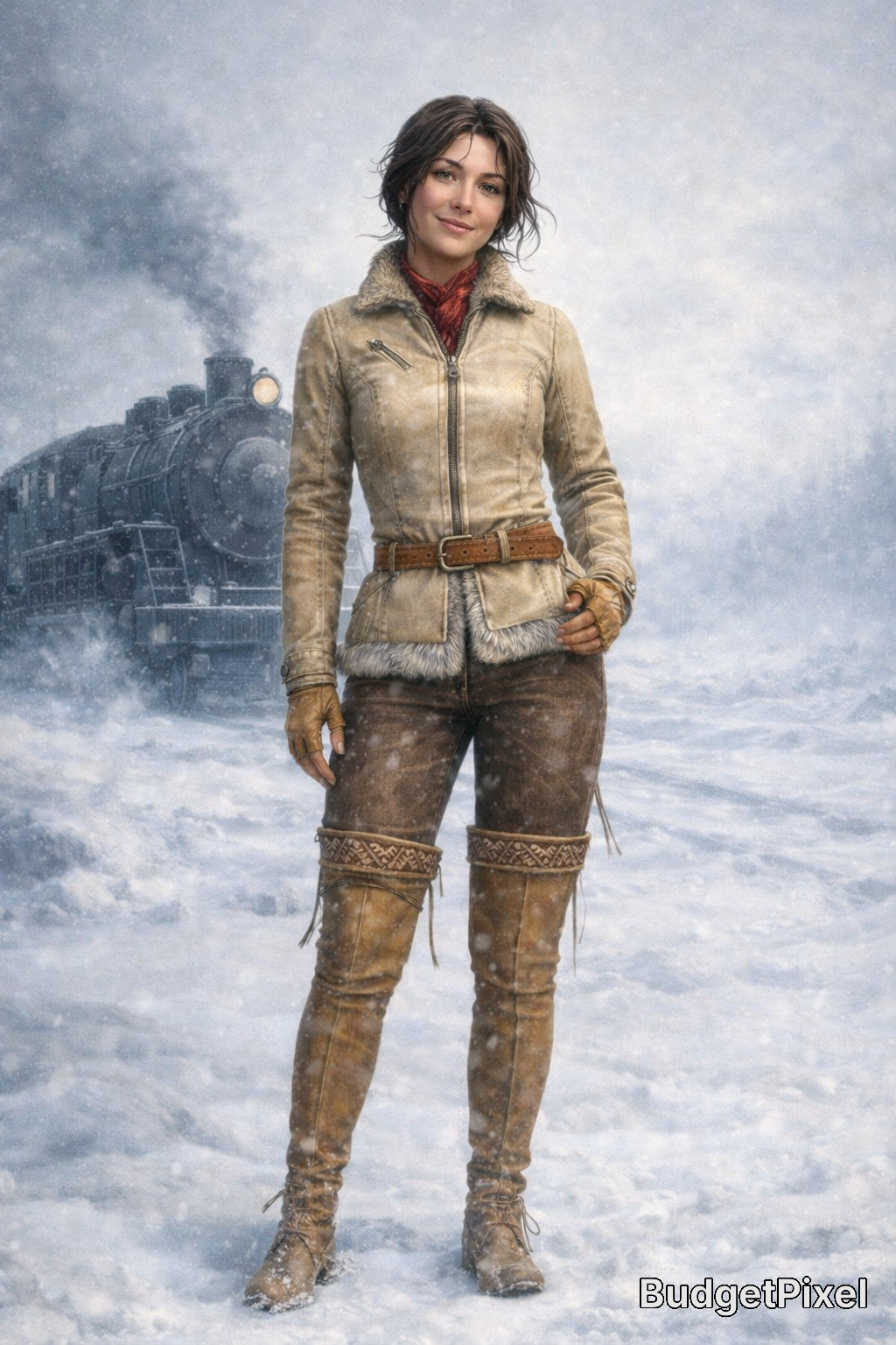 Woman in beige shearling jacket and brown leather pants standing in a snowy landscape with a train in the background.