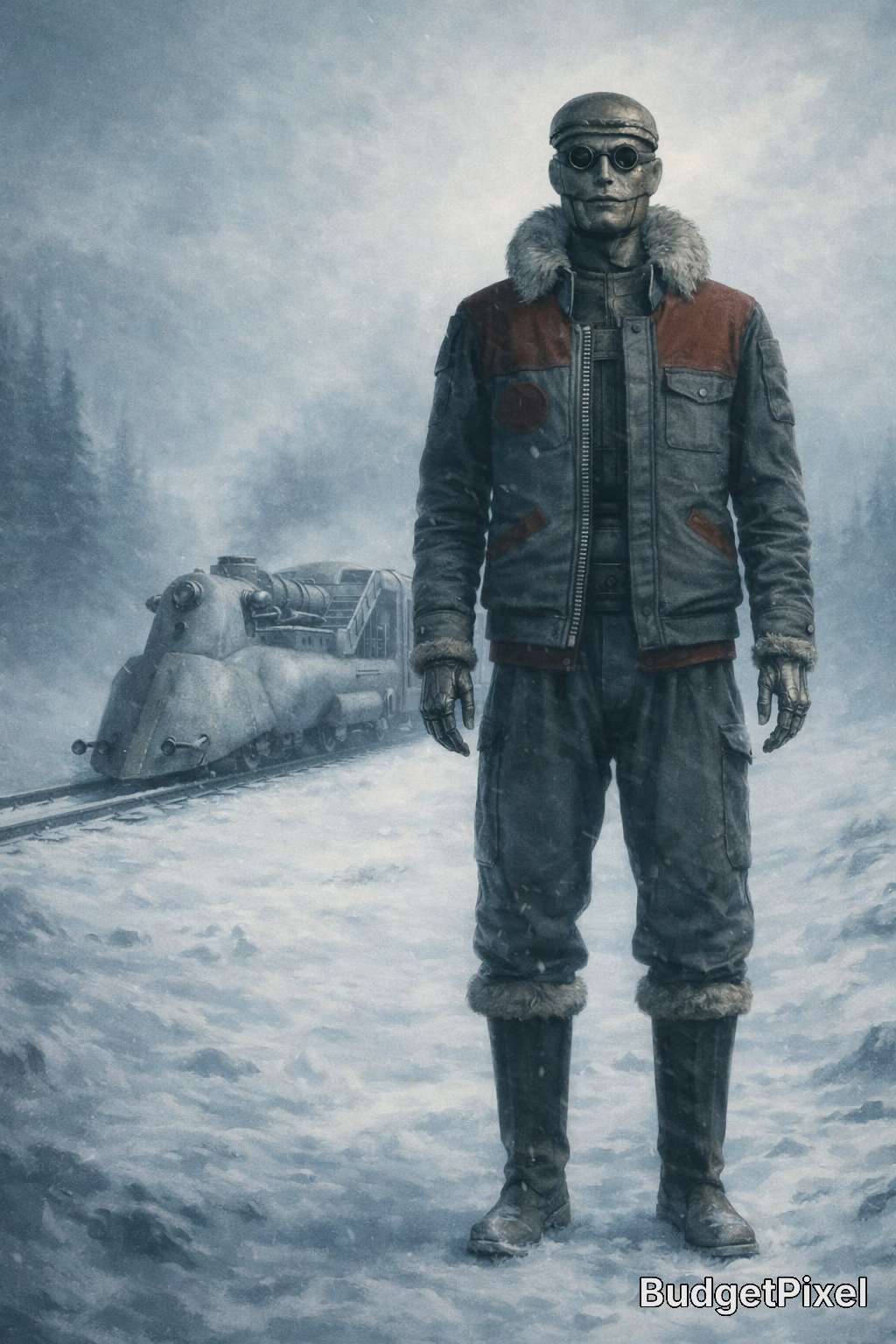 Survivalist in a snowy landscape wearing goggles and a fur-lined jacket with an abandoned train in the background.