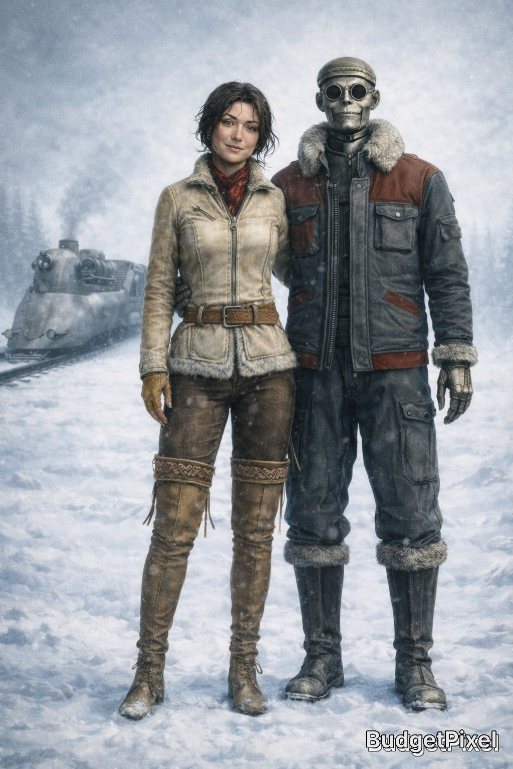 Two explorers in a snowy landscape; woman in beige shearling jacket beside a skeleton robot in a heavy winter suit.