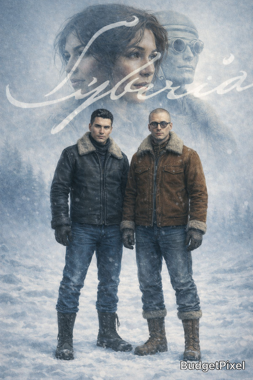 Two men in shearling jackets stand in a snowy, cinematic outdoor scene with frosty blue tones.