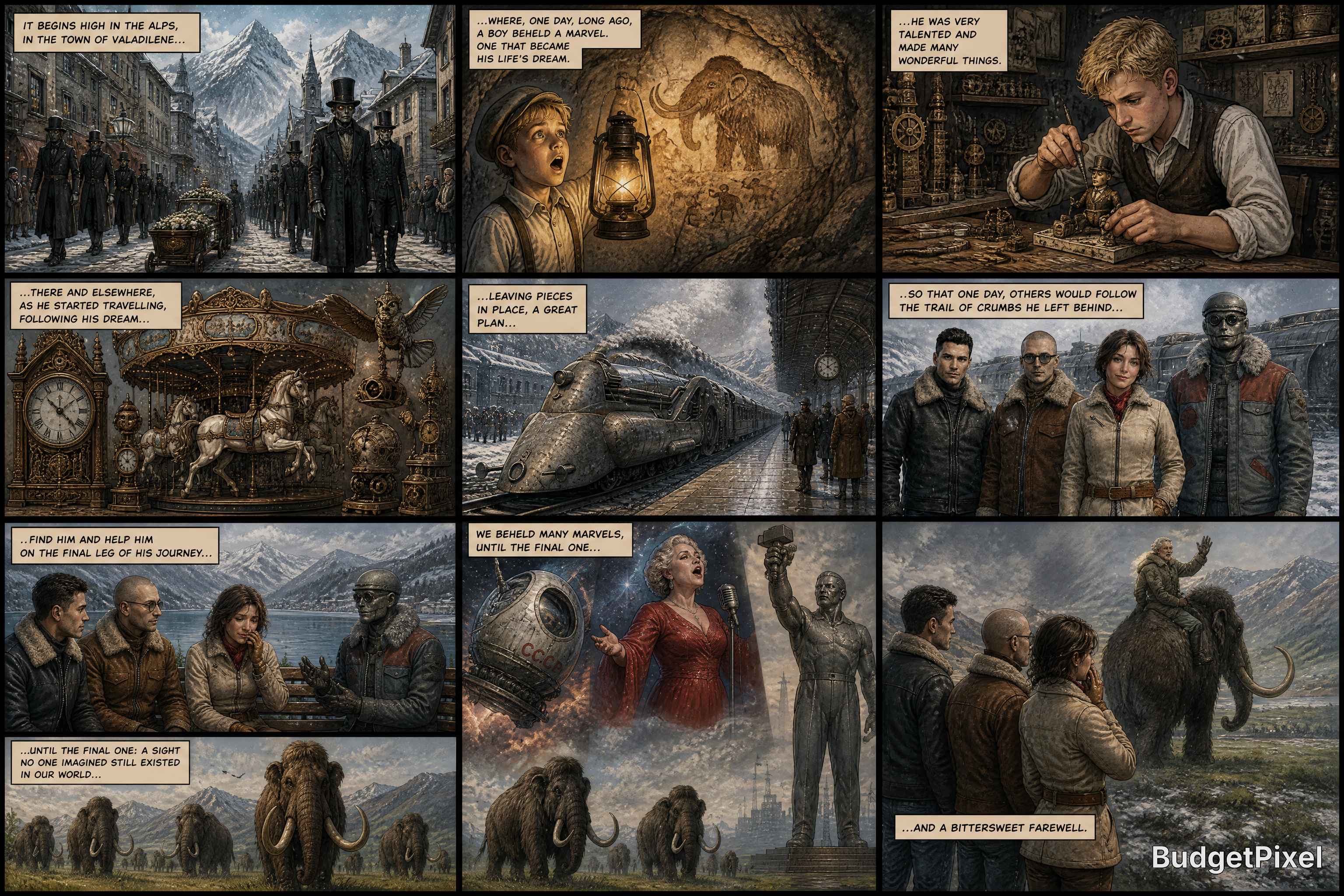 Nine-panel steampunk comic strip depicting a Victorian-era journey with trains, lanterns, and a heartfelt farewell.