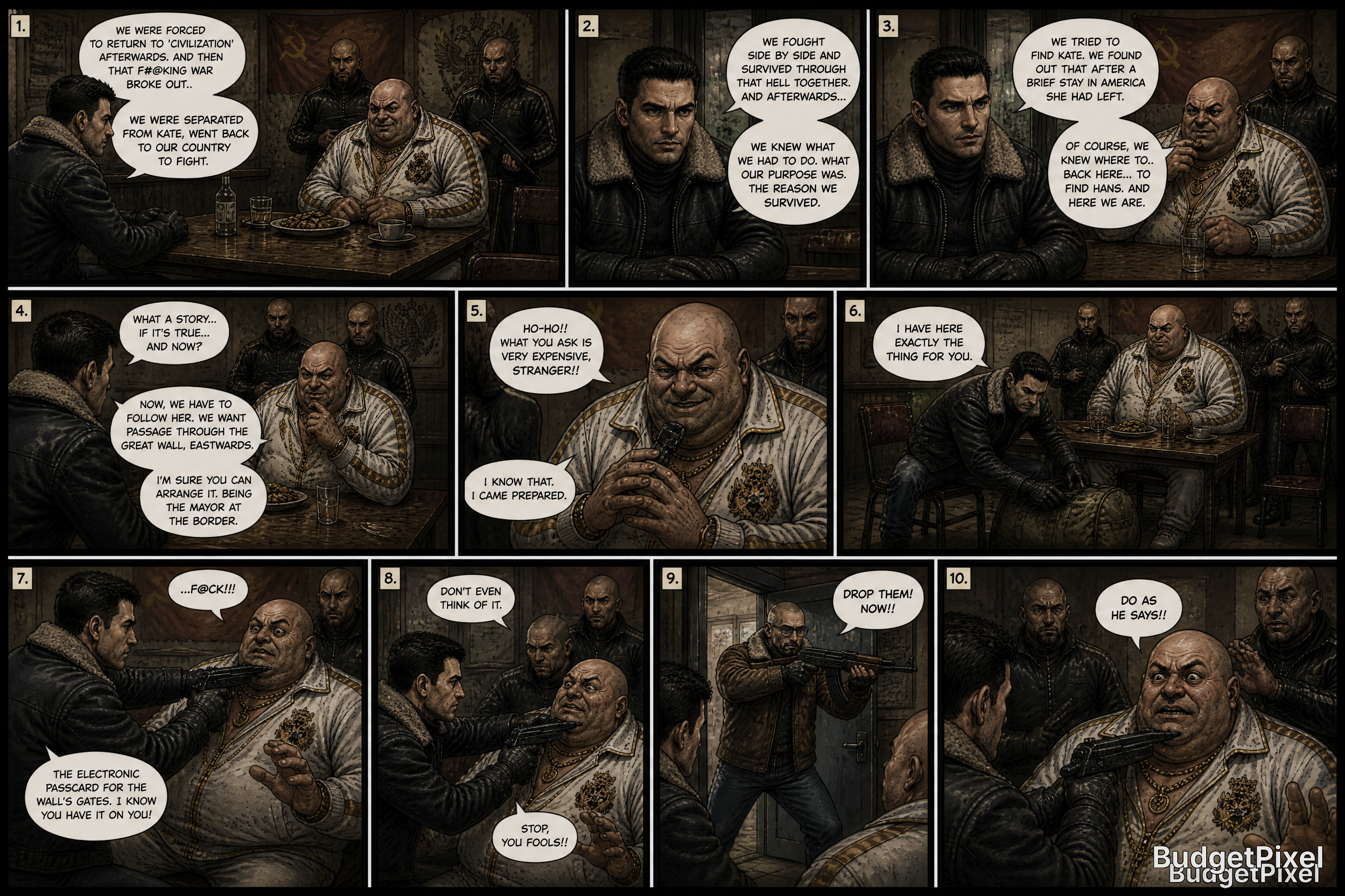 A dark, multi-panel comic strip featuring two men in a tense tavern discussion.