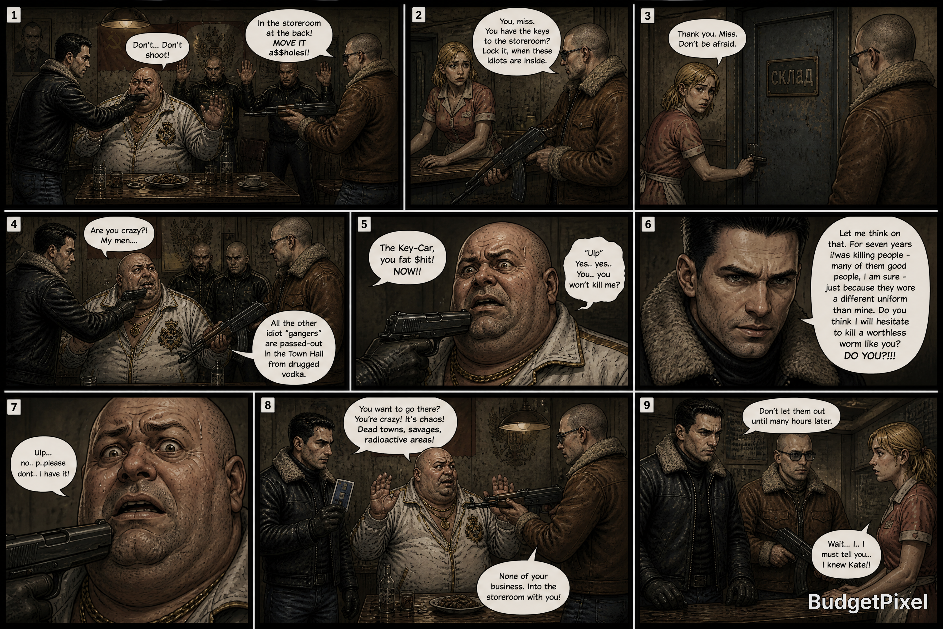 A dark, gritty comic strip scene with tense dialogue among men in a store and a woman at a back room door.