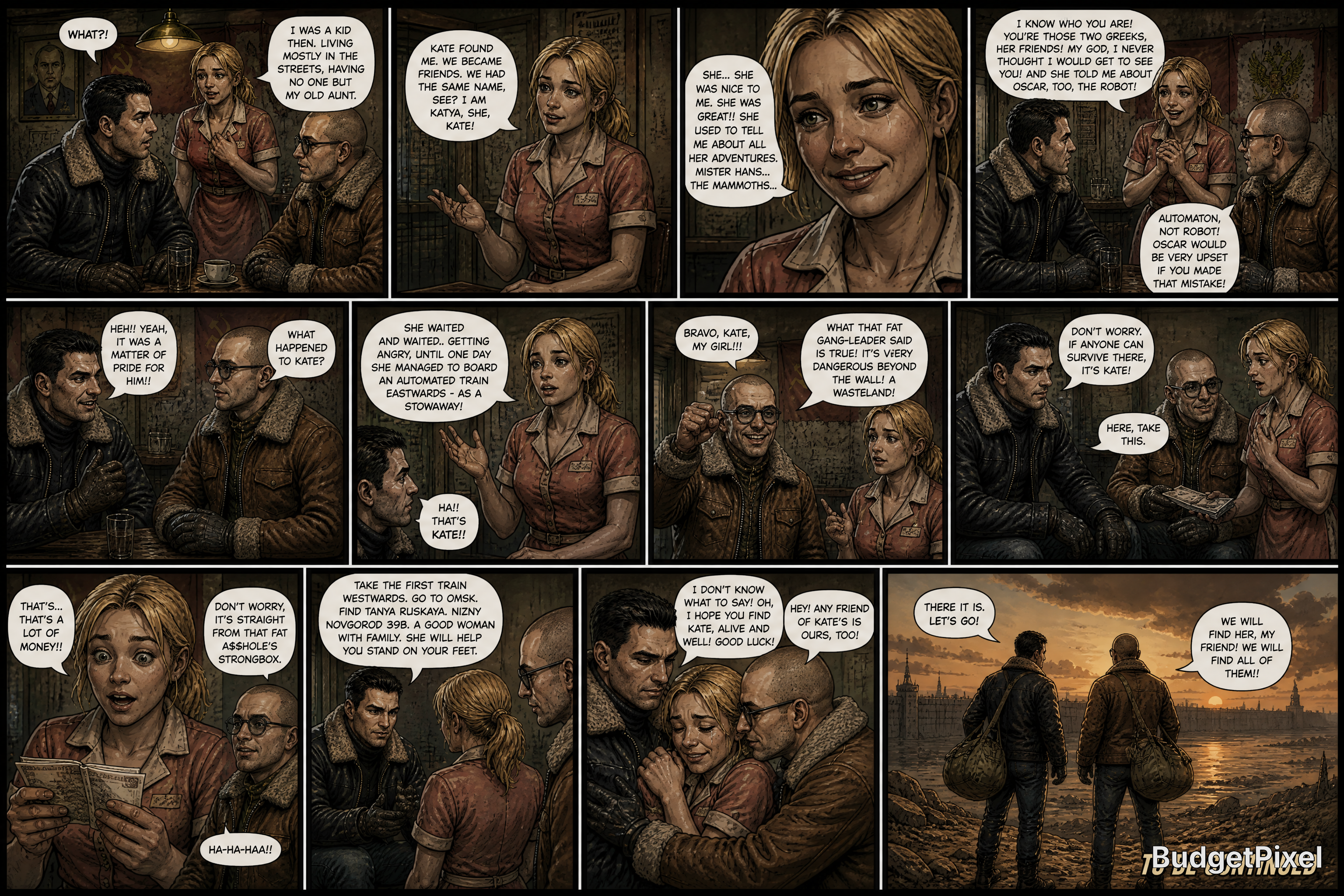 A dark, cinematic comic strip with a female in a red shirt speaking to two men across multiple panels.