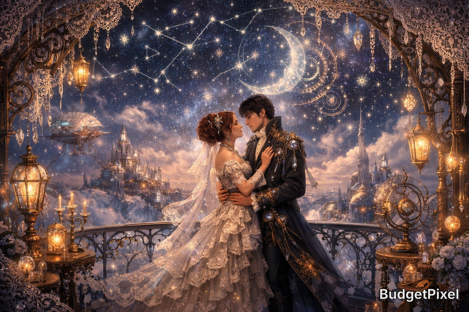 Romantic couple in ornate wedding attire embracing on a moonlit balcony with lace arches and a starry sky.