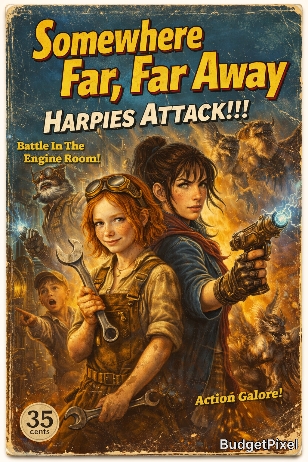 Vintage-style sci-fi adventure poster featuring two female heroes in an engine room as harpies attack.