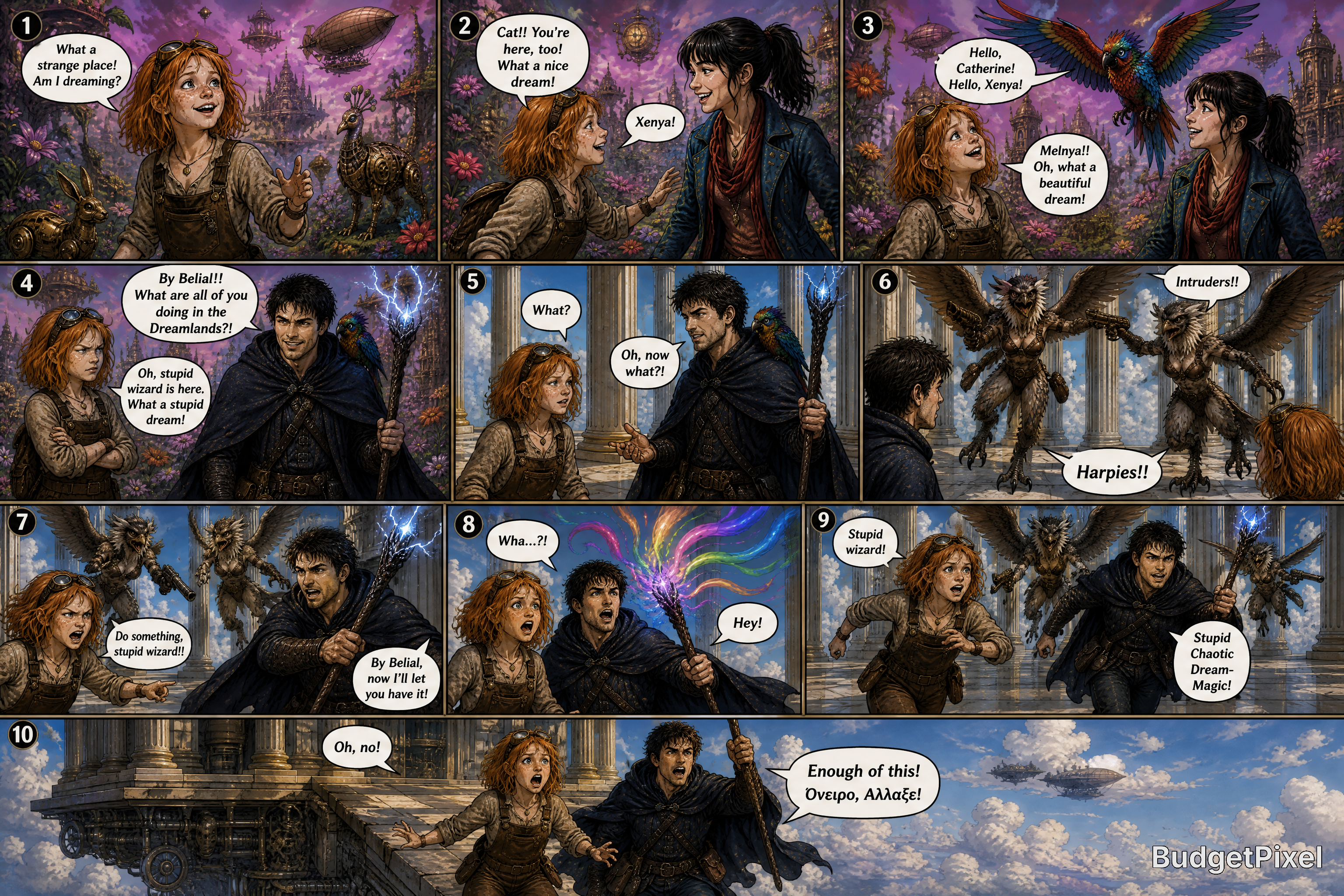 Ten-panel fantasy comic strip featuring a young woman and a dark-haired man in a magical dreamland with harpies and glowin...