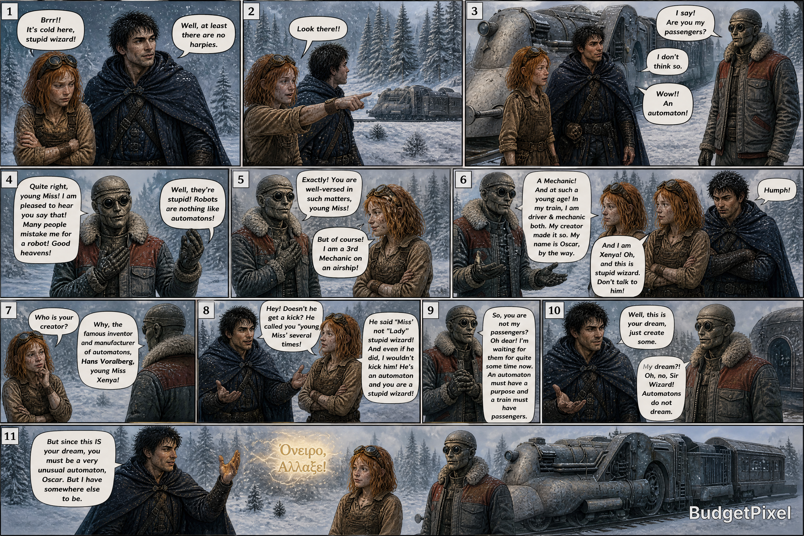 Snowy fantasy comic panel with a cloaked duo encountering a steampunk automaton and rugged travelers.