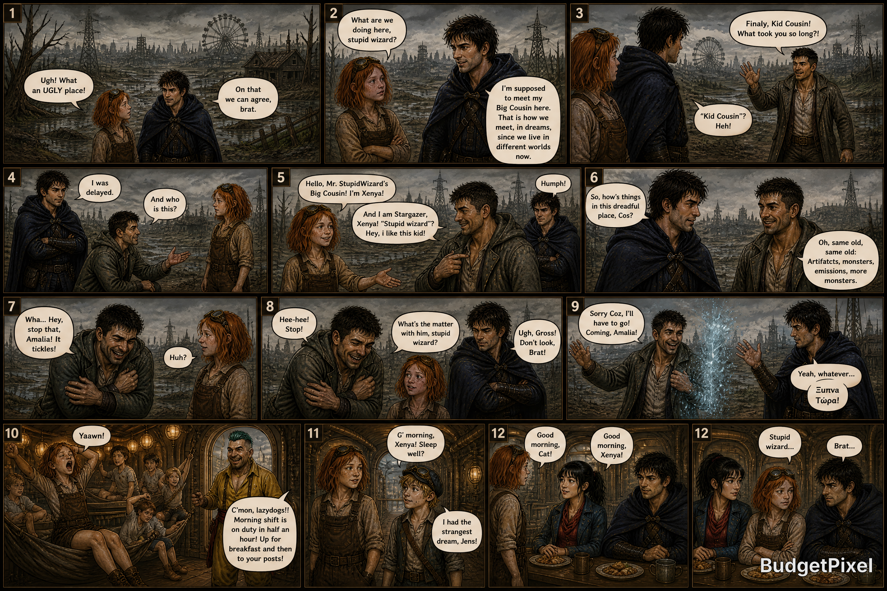 A 12-panel fantasy comic strip showing two travelers in a ruined city with a distant ferris wheel and moody lighting.