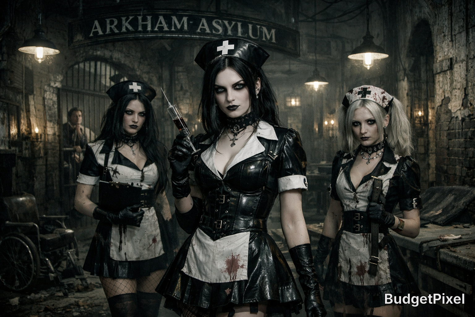 Three women in nurse outfits in a dark, gothic asylum setting with bloodstains and moody lighting.